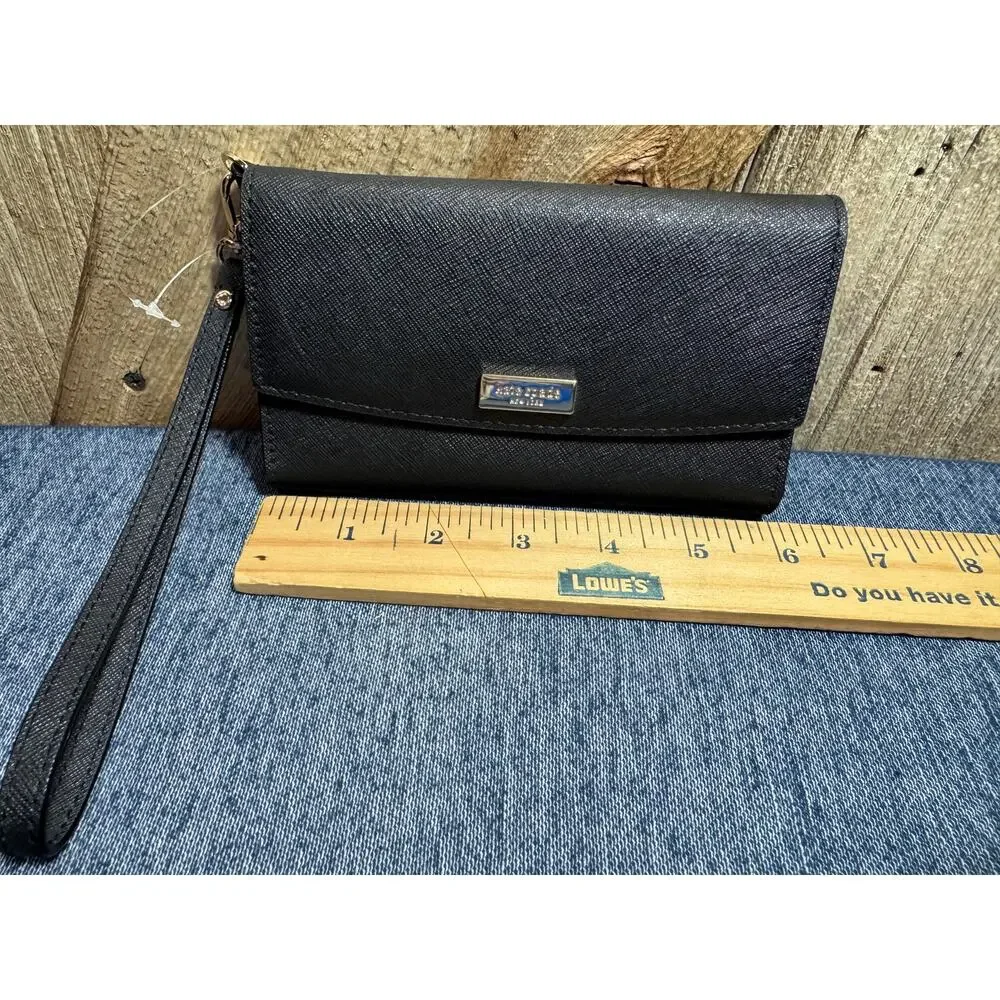 Black Kate Spade Saffiano Leather Trifold Wallet Gold-Toned Logo Plaque